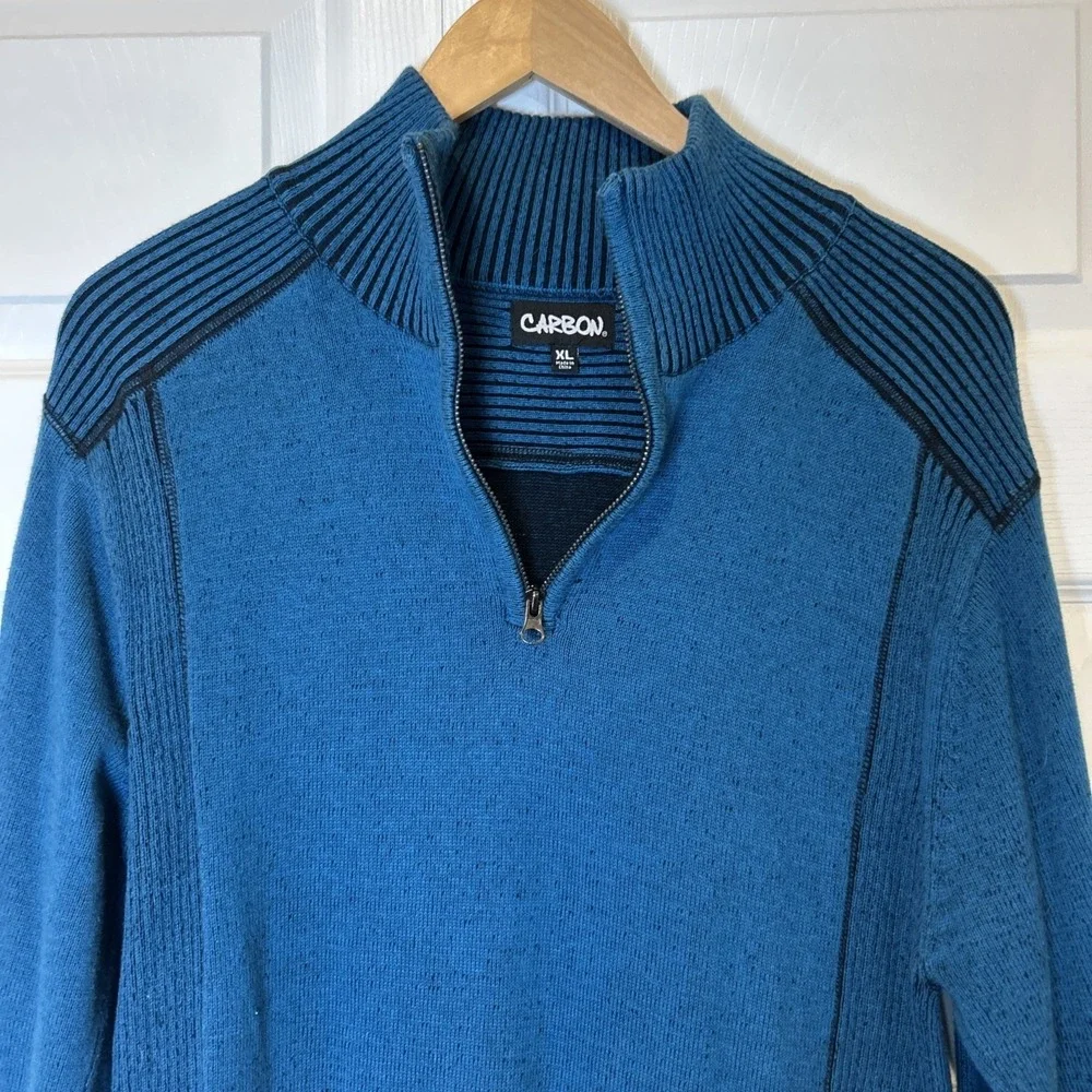 Carbon Quarter Zip Pullover Mens XL Blue Ribbed Shoulder Cotton Sweater Knit Top